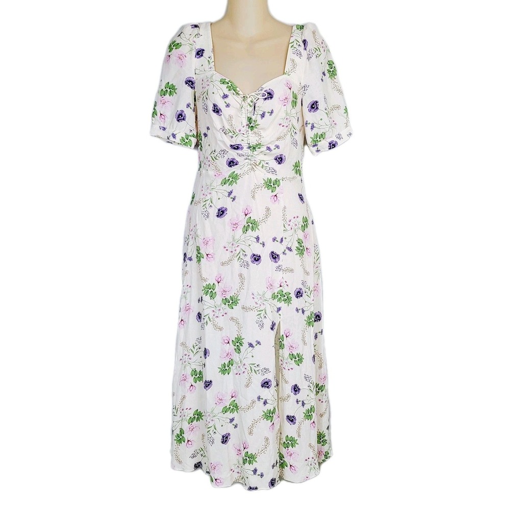 Favorite Daughter White Floral Midi Dress with Purple and Green Accents